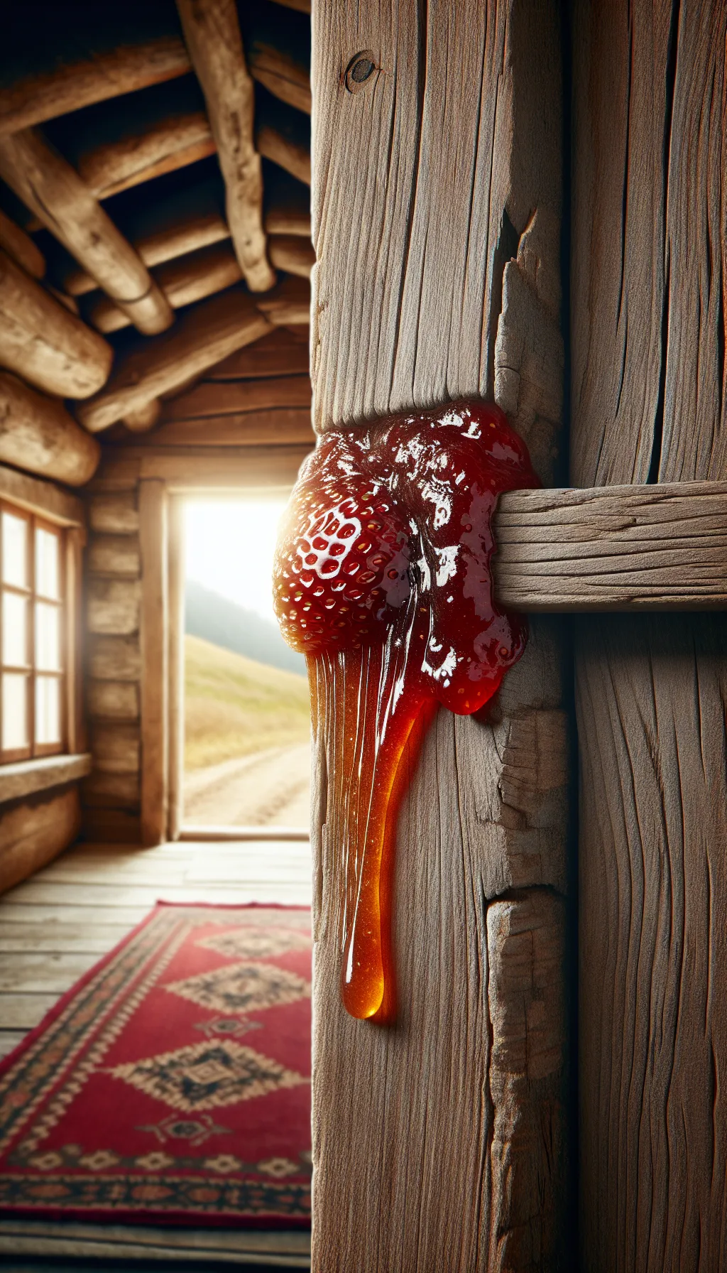 Spills happen. Soft, sticky jam contrasts in colour and texture to the rough, wooden door jamb 