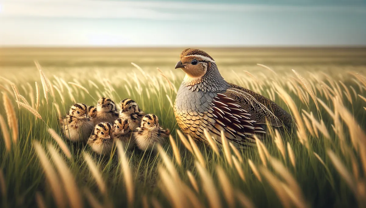 Adult quail protects their young on the open plain