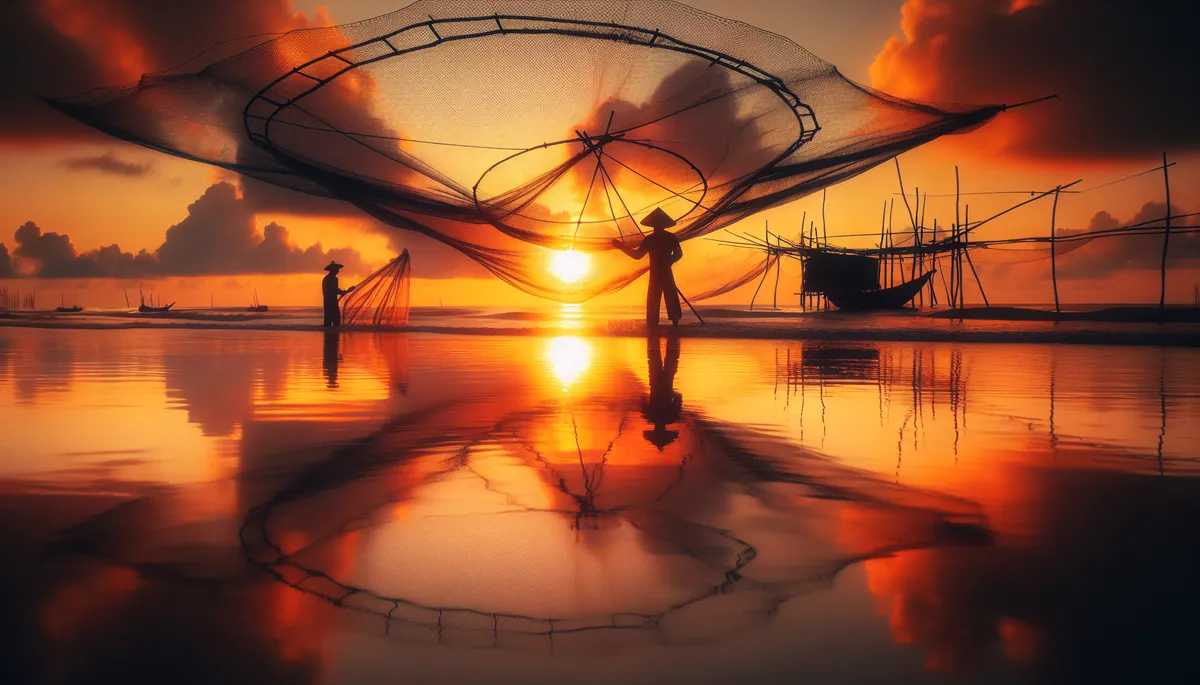 silhouette of fisherman casting net into an enclosure on the seashore as sunrise reflects on the water